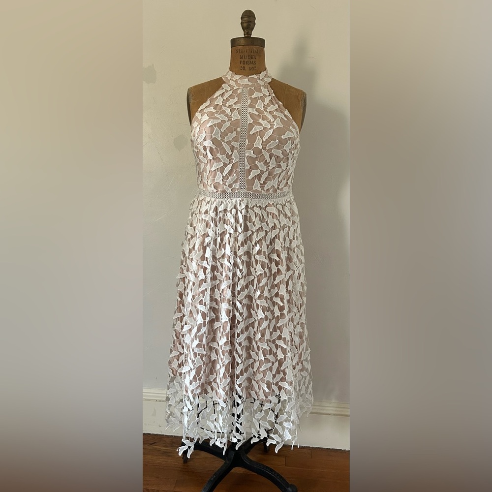 Halter Lace Midi Dress in Ivory with Nude Lining